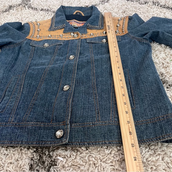 Cripple Creek Western Denim & Leather Studded Rhinestone Jacket - Size M - Picture 11 of 12